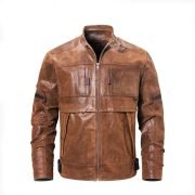 Mens Fashion Leather Motorcycle Jacket Brown Biker Stand Collar