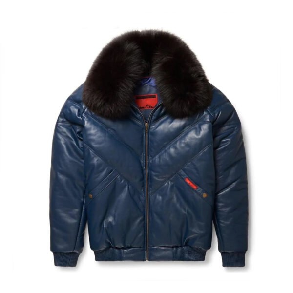 Men's V-Bomber Navy Leather Jacket