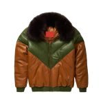 Brown-Green Leather Two Tone V Bomber Leather Jacket