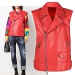 Red Women's Fashionable Sleeveless Sheepskin Real Motorbike Leather jacket