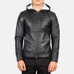 Men's Black Leather Hoode Jacket Baston Sheepskin Leather Bomber Jacket