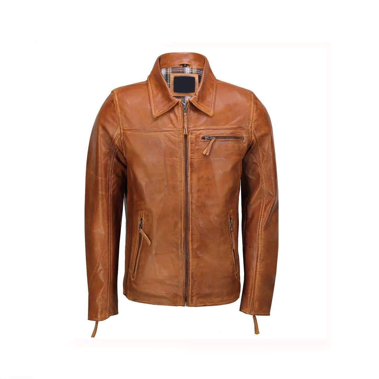 1 Mens Real Leather Jacket Classic Collar Retro Zip Up Biker Style - Image 1