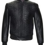 Men Crocodile Quilted Leather Bomber Jacket
