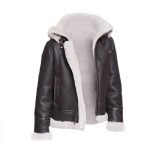 Men Black Shearling Leather Jacket With Hoodie
