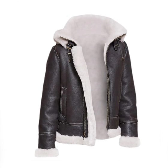Men Black Shearling Leather Jacket With Hoodie