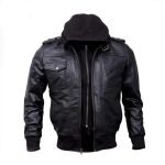 Men's Genuine Black Hooded Bomber Leather Jacket