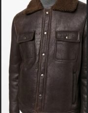 Men Leather Jacket Shearling Collar Sheepskin Real Leather Brown Jacket long Sleeves Buttoned Cuffs - Image 2