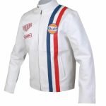 Steve McQueen White Le Mans Gulf Racing Style Leather Jacket with Stripes