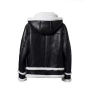 New Men's Shearling Black B3 Bomber Hooded Leather Fur Jacket - Image 2