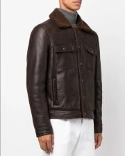 Men Leather Jacket Shearling Collar Sheepskin Real Leather Brown Jacket long Sleeves Buttoned Cuffs - Image 3
