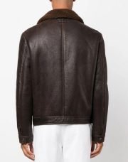 Men Leather Jacket Shearling Collar Sheepskin Real Leather Brown Jacket long Sleeves Buttoned Cuffs - Image 4