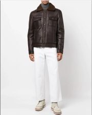 Men Leather Jacket Shearling Collar Sheepskin Real Leather Brown Jacket long Sleeves Buttoned Cuffs - Image 5