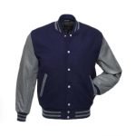 Dark Blue Wool Varsity Jacket With Dark Grey Leather Sleeves