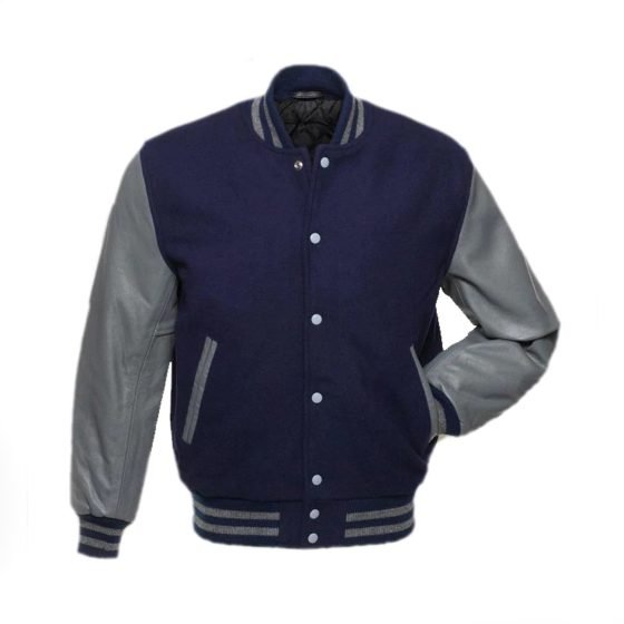 Dark Blue Wool Varsity Jacket With Dark Grey Leather Sleeves