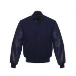 Navy Blue Wool Varsity Jacket With Blue Leather Sleeves