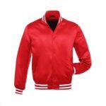 Bright Red Satin Varsity Jacket With White Strip