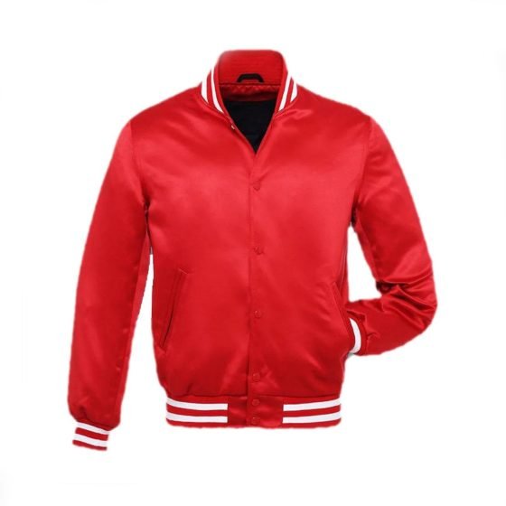Bright Red Satin Varsity Jacket With White Strip
