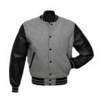 Grey Wool Varsity Jacket With Black Leather Sleeves