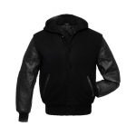 Black Wool Hoodie Varsity Jacket With PU Leather Sleeves
