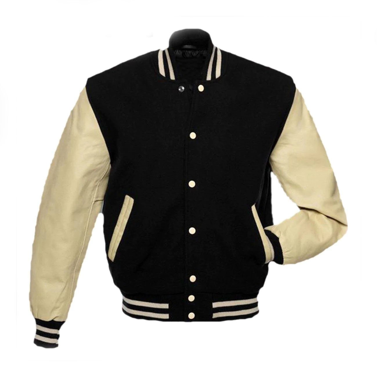 American Black Wool College Varsity Jacket With Cream PU Leather Sleeves - Image 1