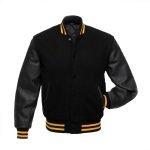 Jet Black Wool Varsity Jacket With Yellow Strips