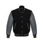Black Wool With Grey Leather Sleeves Varsity Jacket For Men