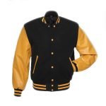 Men's Black and Gold Letterman Jacket with Leather Sleeves