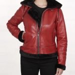 Classic Women's Red Shearling Leather Bomber Jacket with Hood