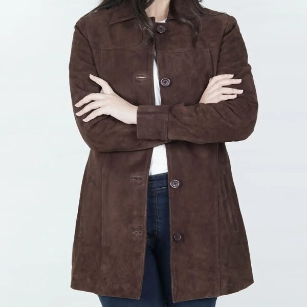 Elegant Women's Dark Brown Suede Car Coat by Kandis