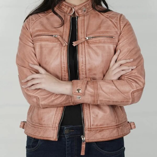 Elegant Women's Pink Cognac Waxed Cafe Racer Leather Jacket