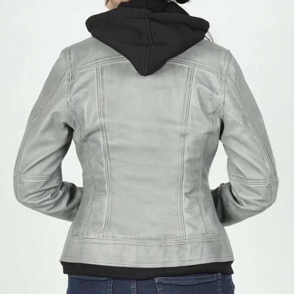 Stylish Betty Women's Light Grey Waxed Leather Jacket with Hood