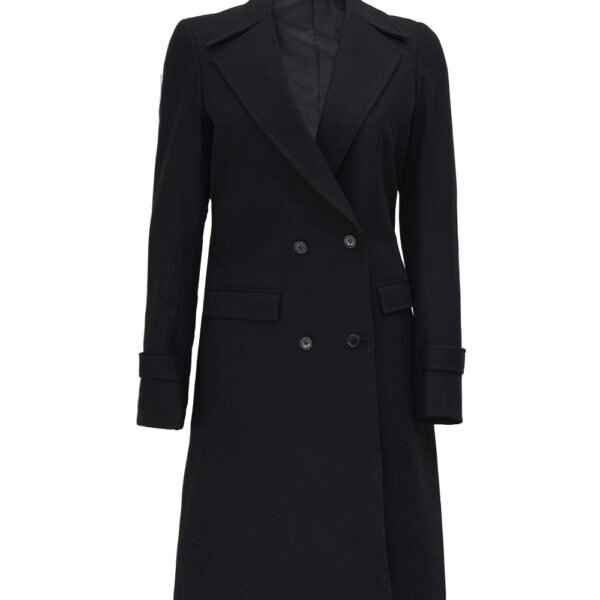 Stylish Women's Black Wool Coat with Two Front Pockets
