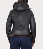 Stylish Women's Dark Brown Hooded Shearling Leather Jacket
