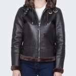 Stylish Women's Dark Brown Hooded Shearling Leather Jacket