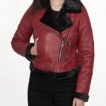 Stylish Women's Maroon & Black Biker Leather Jacket with Shearling Lining