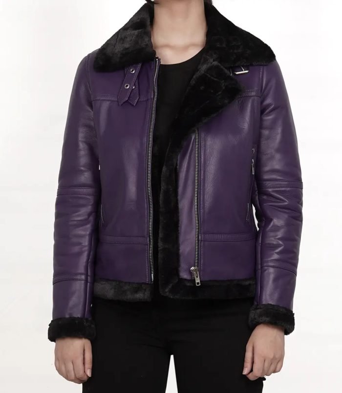 Stylish Women's Purple Shearling Leather Bomber Jacket - Image 1