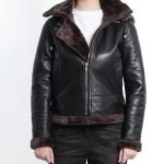 Warm Women's Dark Brown Shearling Leather Bomber Jacket with Hood