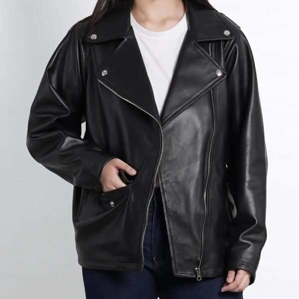 Women's Black Asymmetrical Oversized Leather Biker Jacket