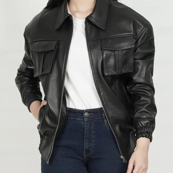 Women's Black Leather Bomber Jacket in Oversized Style