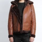 Women's Cognac Shearling Bomber Leather Jacket with Hood