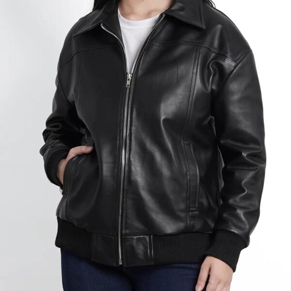 Women's Fashion Black Oversized Leather Bomber Jacket