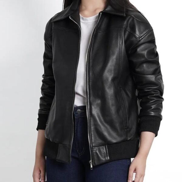 Women's Fashion Black Oversized Leather Bomber Jacket