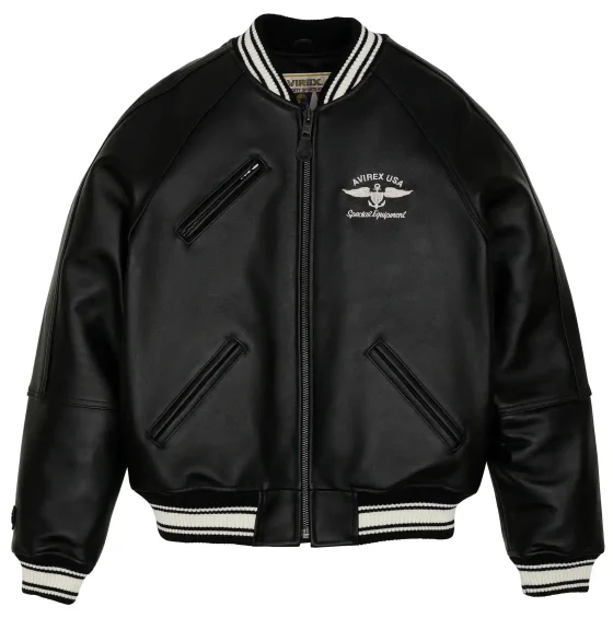 Mens Avirex Stadium Black Leather Jacket - Front