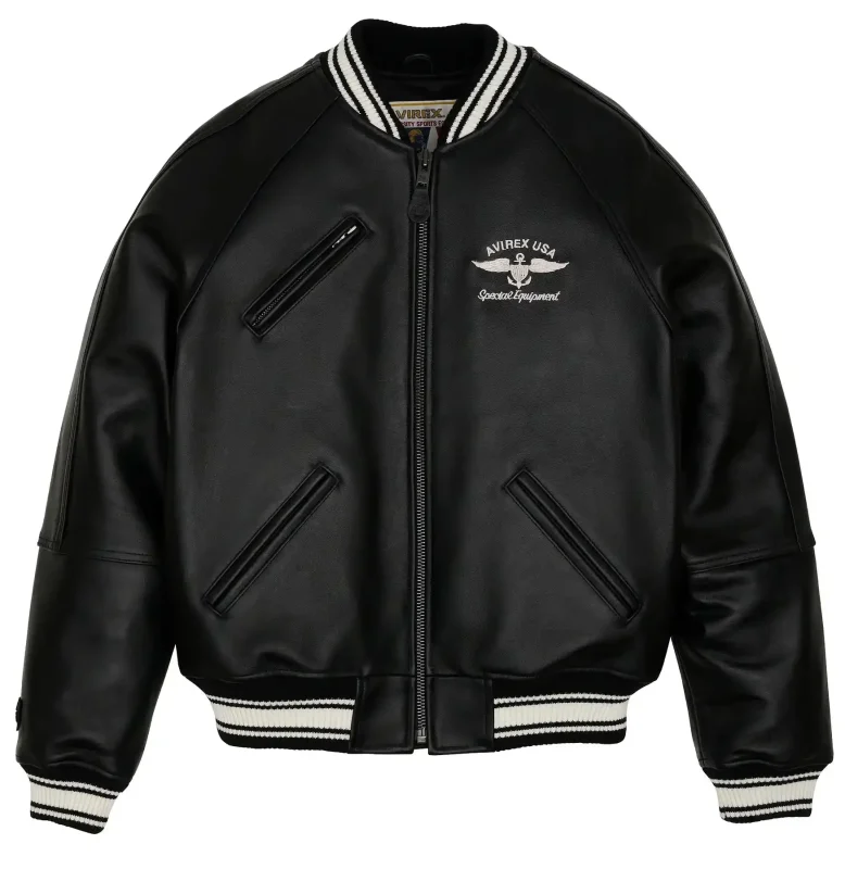 Mens Avirex Stadium Black Leather Jacket - Front