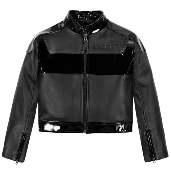 Women's Avirex Black Patent Cropped Leather Biker Jacket - Front