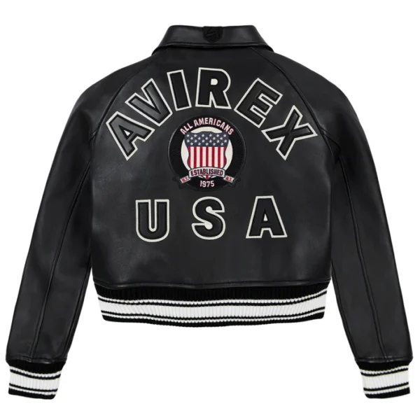 Women's Avirex Simple Jet Black Cropped Leather Jacket - Back
