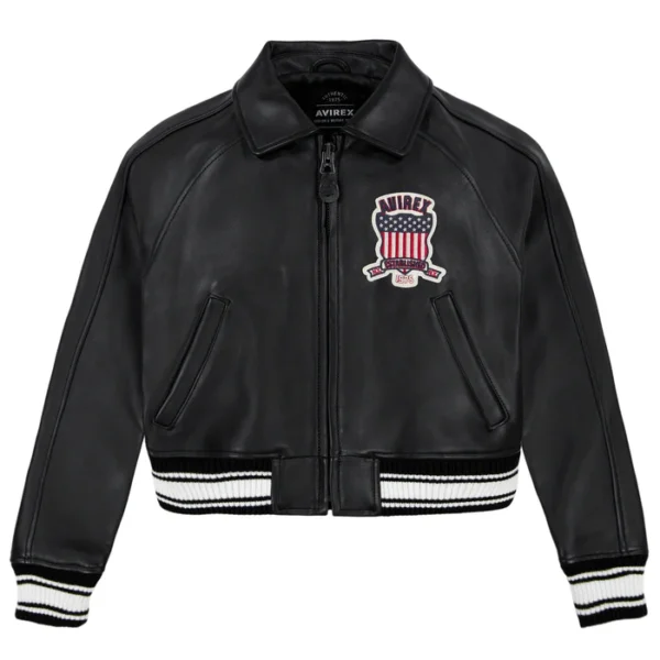 Women's Avirex Simple Jet Black Cropped Leather Jacket - Front