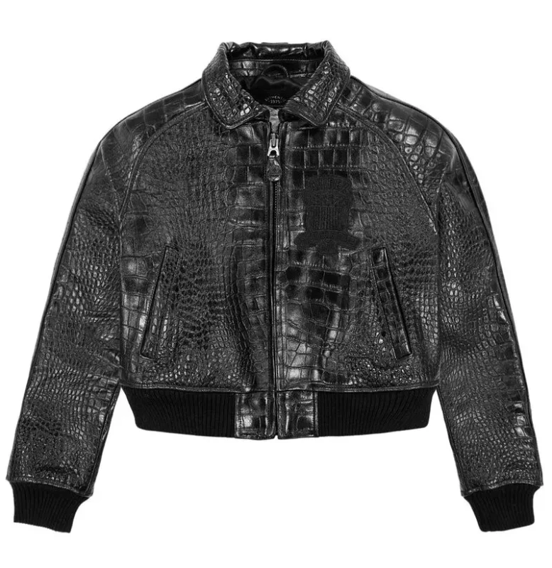 Women's Cropped Crocodile Leather Jacket - Front