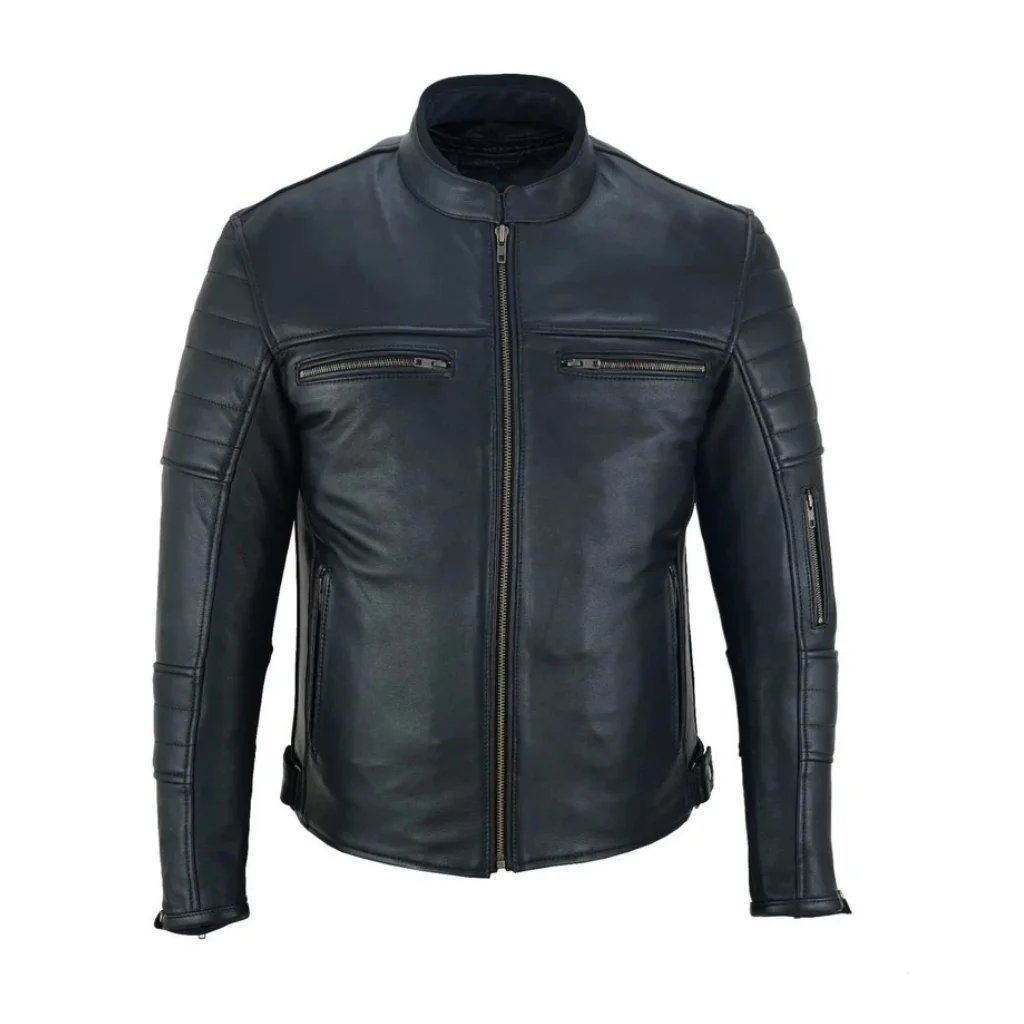 black-viper-mens-motorcycle-leather-black-jacket Black Viper men's motorcycle leather black jacket with zip pockets and quilted sleeves