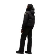 Black hooded jacket shown from the back with fur-lined hood